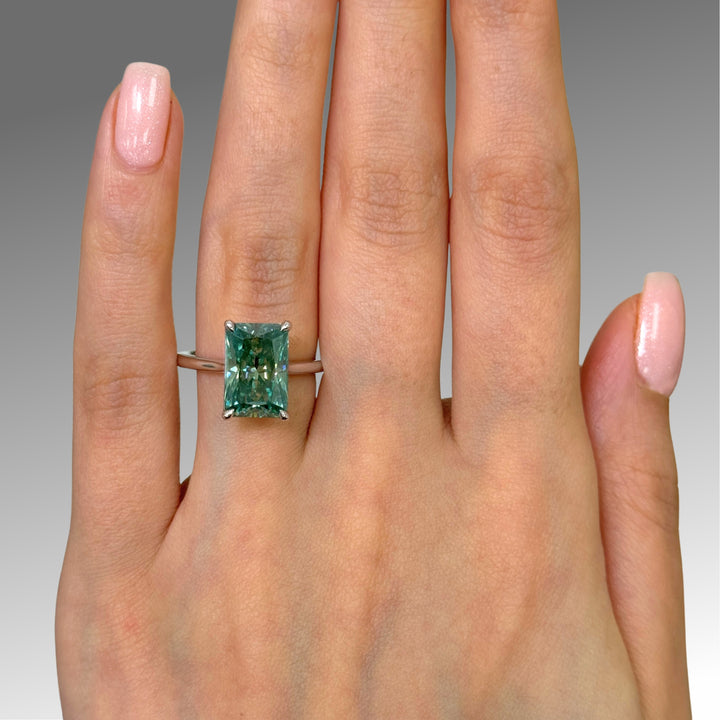 Ready to Ship  5.3ct Aqua-Teal Radiant Moissanite Engagement Ring