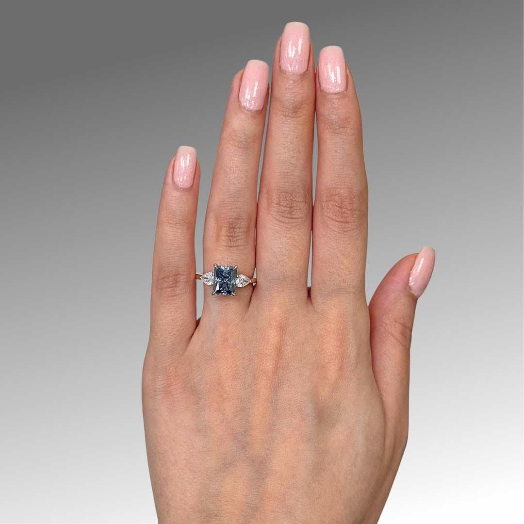 Ready to Ship  2.7ct Blue-Grey Radiant And Pear Shape Moissanite Engagement Ring in 14K Two Tone Gold