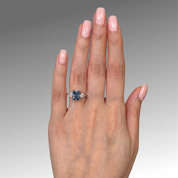 Ready to Ship  2.7ct Blue-Grey Radiant And Pear Shape Moissanite Engagement Ring in 14K Two Tone Gold