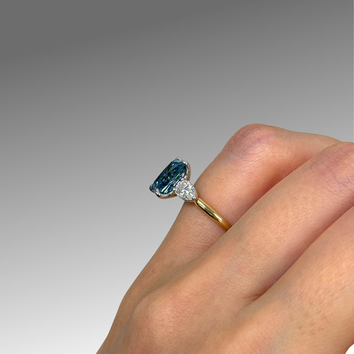 Ready to Ship  2.7ct Blue-Grey Radiant And Pear Shape Moissanite Engagement Ring in 14K Two Tone Gold