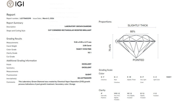 Ready to Ship 2ct Vivid Pink/Orange VS1 Radiant Cut Lab-Created Diamond Engagement Ring in 14k Yellow Gold