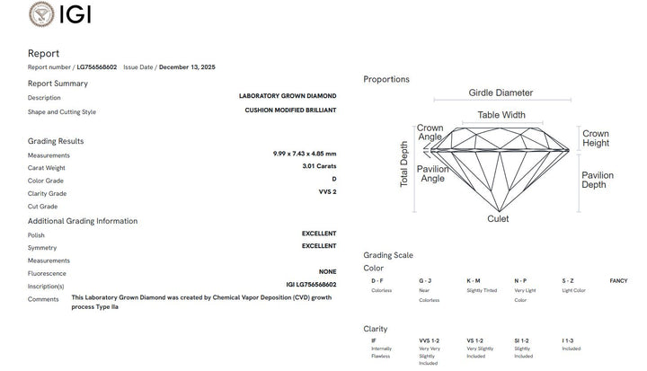 Ready to Ship Ray 3.01ct D/VVS2 Elongated Cushion Cut Lab-Created Diamond Engagement Ring in 18k Yellow Gold