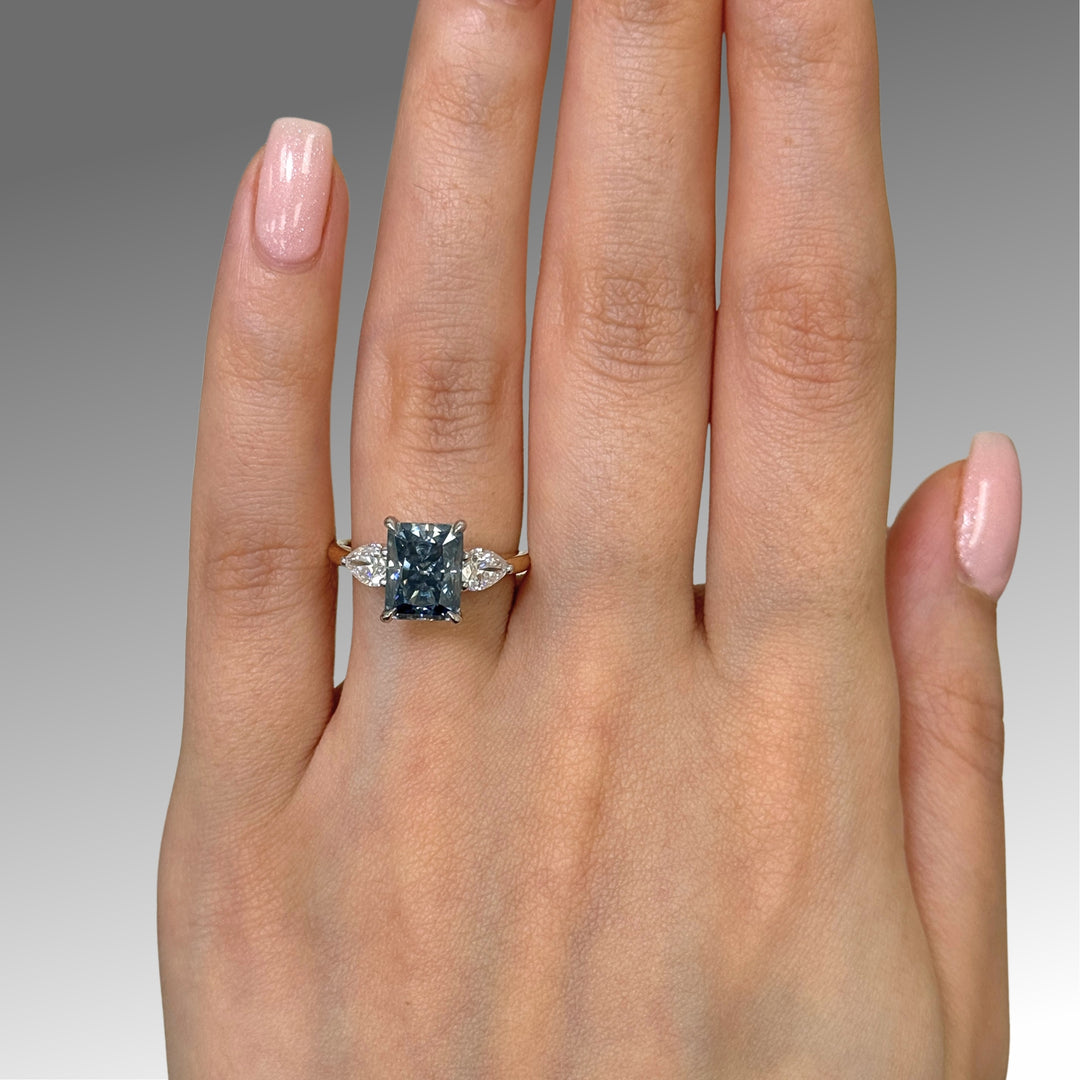 Ready to Ship  2.7ct Blue-Grey Radiant And Pear Shape Moissanite Engagement Ring in 14K Two Tone Gold
