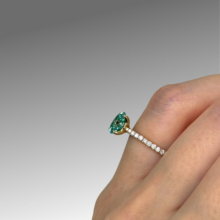 Ready to Ship  Nora 1.5ct Aqua Teal Oval Moissanite Engagement Ring in 14k Yellow Gold
