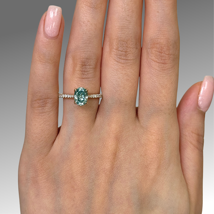 Ready to Ship  Nora 1.5ct Aqua Teal Oval Moissanite Engagement Ring in 14k Yellow Gold