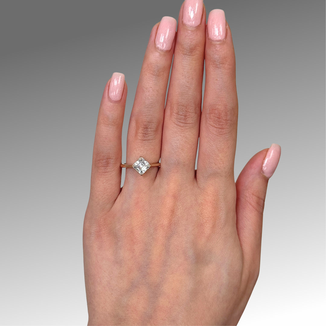 Ready to Ship  6.5mm Asscher Moissanite Engagement Ring in 14K Yellow Gold