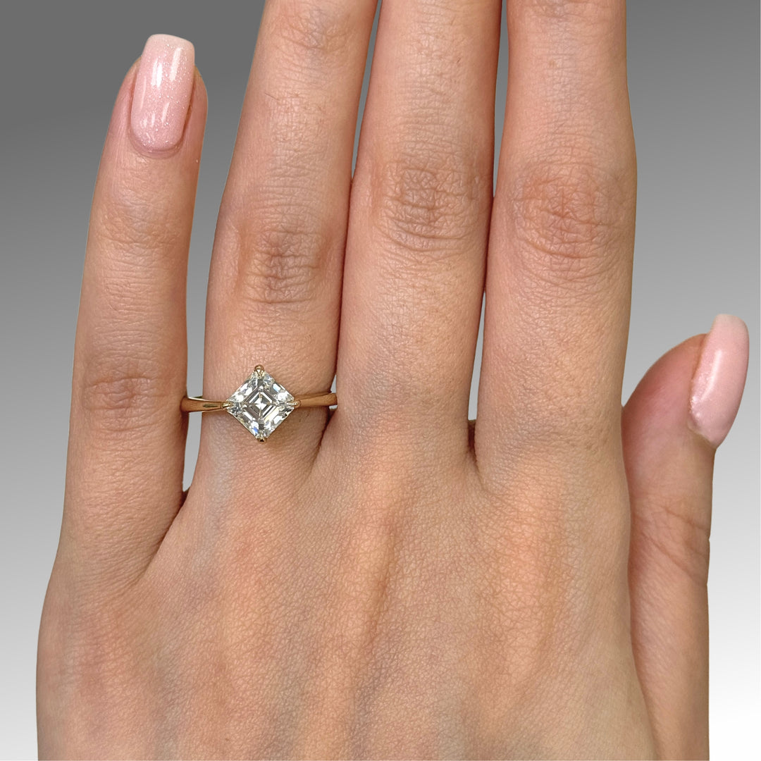 Ready to Ship  6.5mm Asscher Moissanite Engagement Ring in 14K Yellow Gold