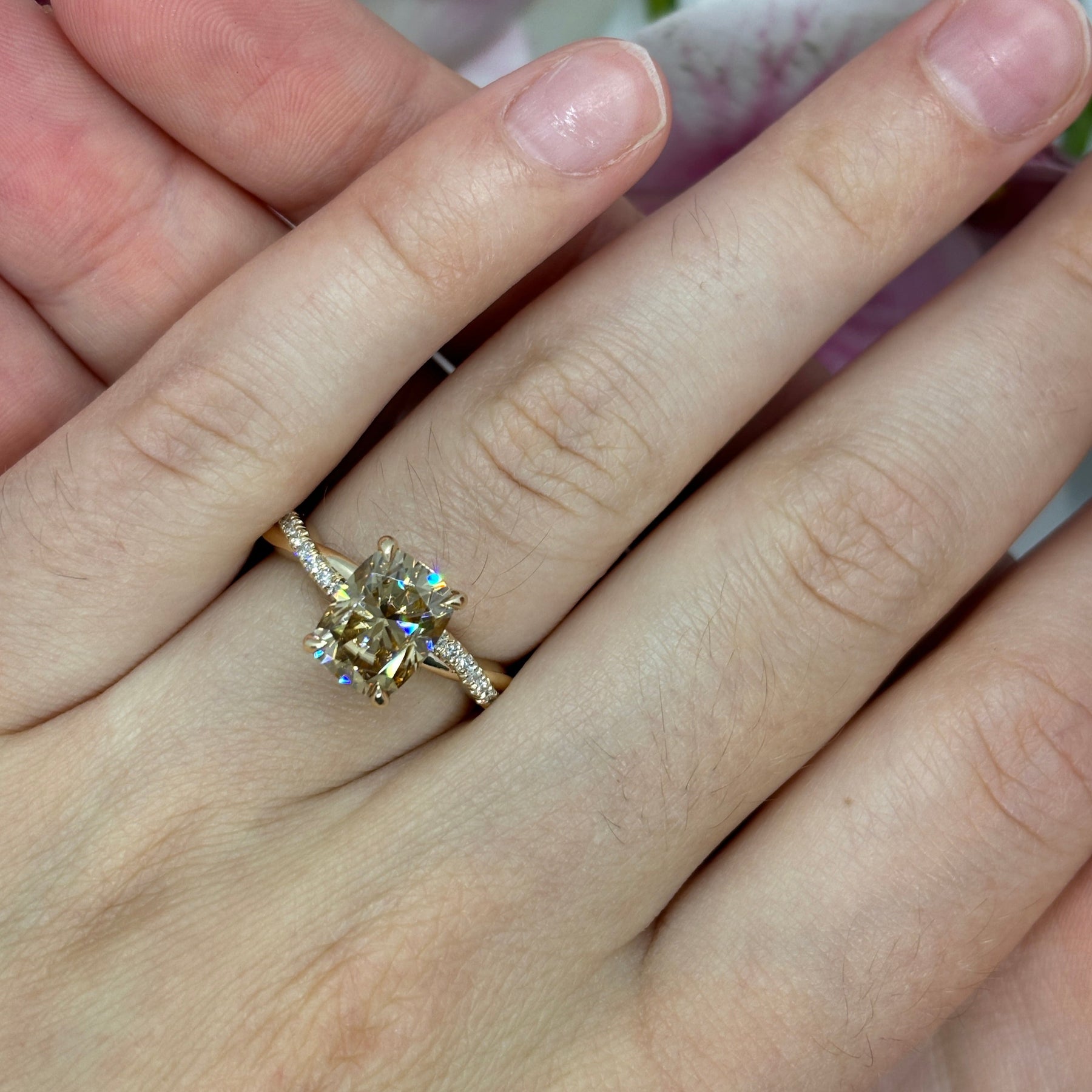 Ready to ship Claudia 2.5ct Champagne Cushion Cut Moissanite Engageme
