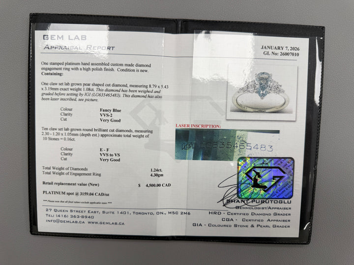 Ready to Ship  Cynthia 1.08ct Fancy Blue Pear Shape Lab Diamond VVS2  Engagement Ring in Platinum