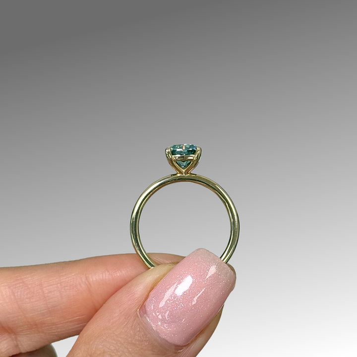 Ready to Ship Eden 1.3ct Cushion Cut Aqua Teal Moissanite Engagement Ring in 14k Yellow Gold