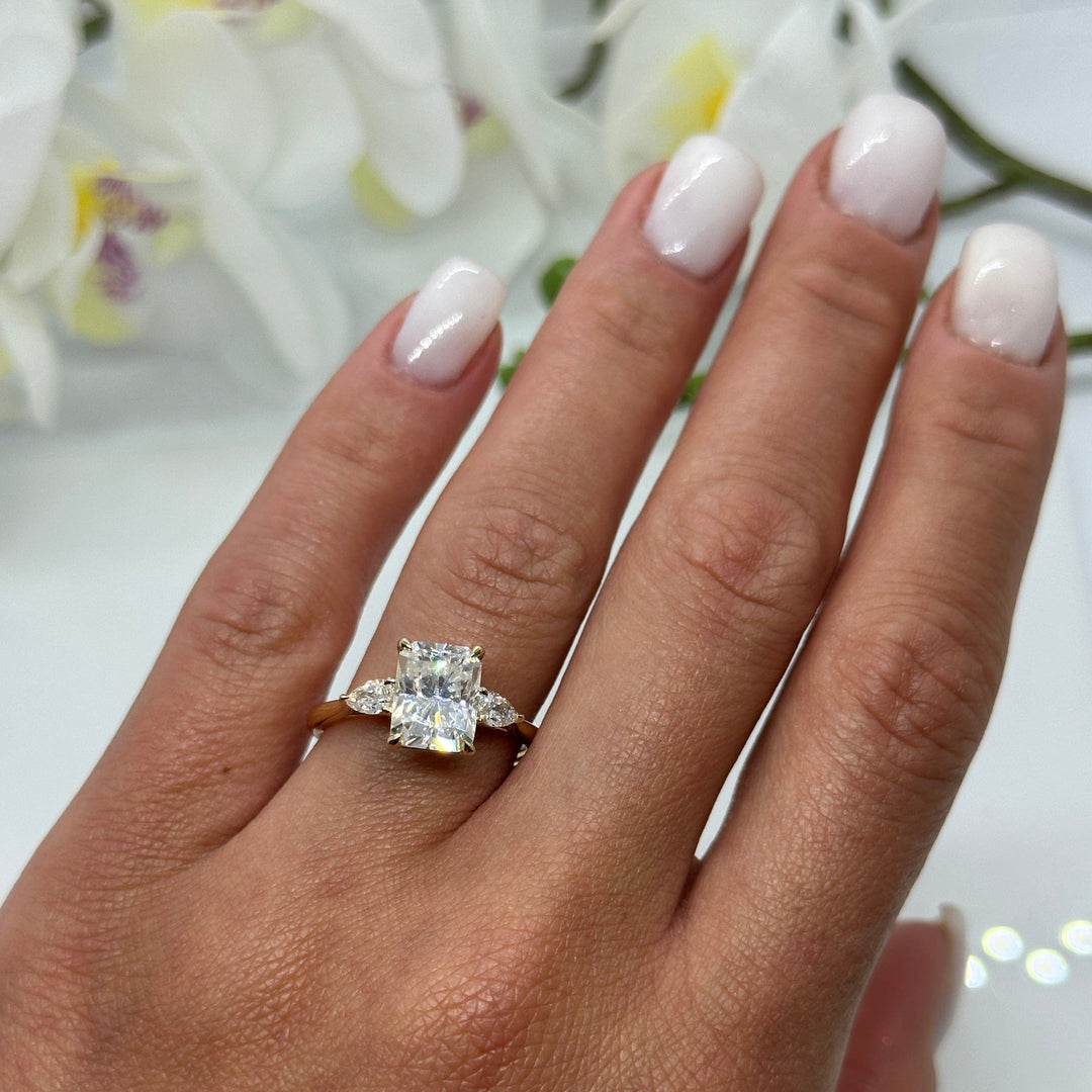 AGIDesignShop Laura Radiant/Emerald Moissanite and Pear Shape Lab Diamonds Engagement Ring