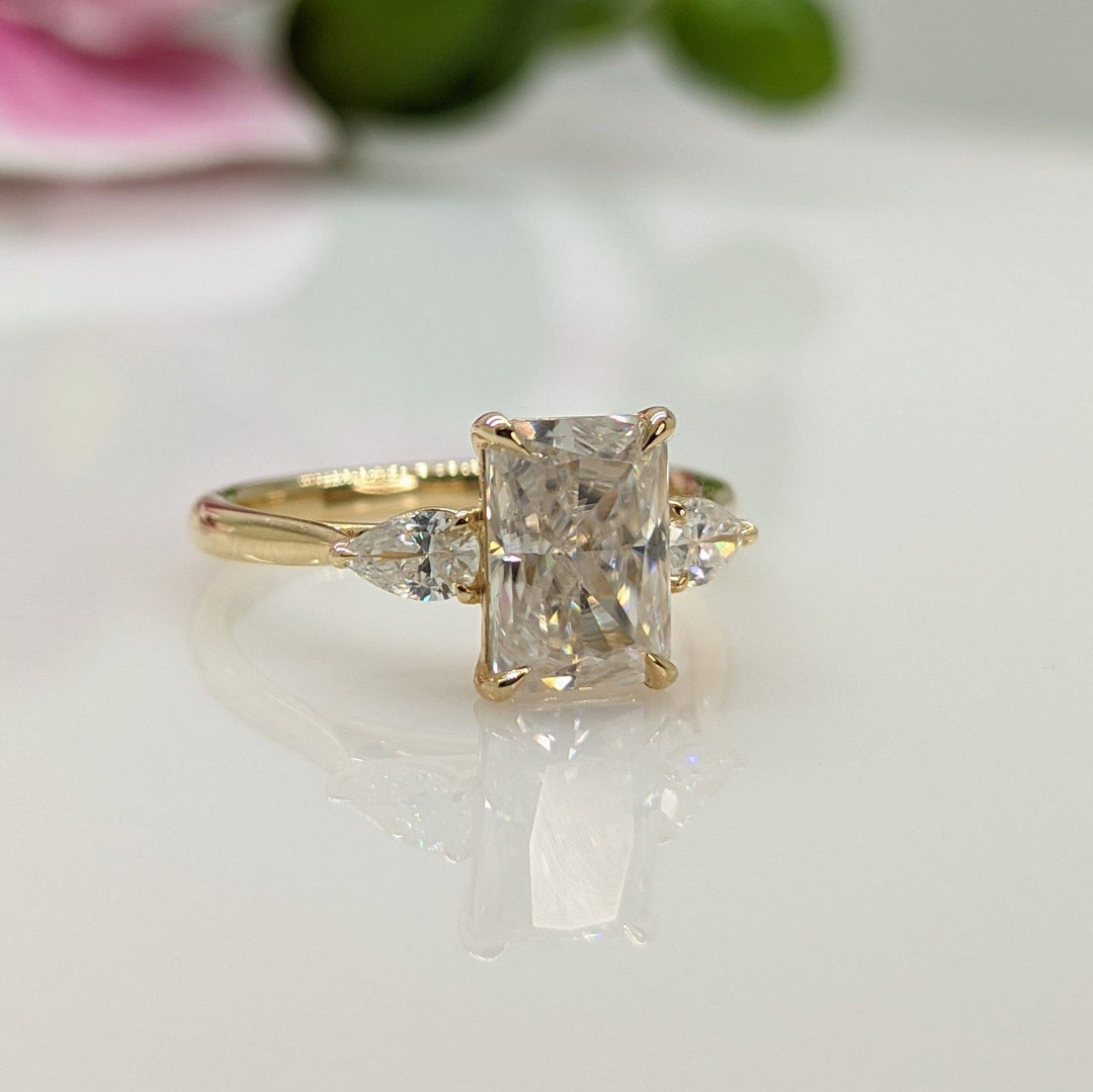 AGIDesignShop Laura Radiant/Emerald Moissanite and Pear Shape Lab Diamonds Engagement Ring