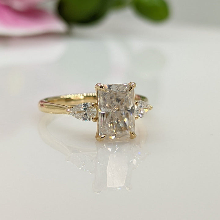 AGIDesignShop Laura Radiant/Emerald Moissanite and Pear Shape Lab Diamonds Engagement Ring