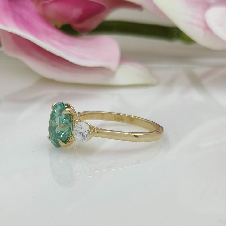 AGI Design Lucy Oval Aqua Teal  Moissanite with Round Lab Diamonds Engagement Ring