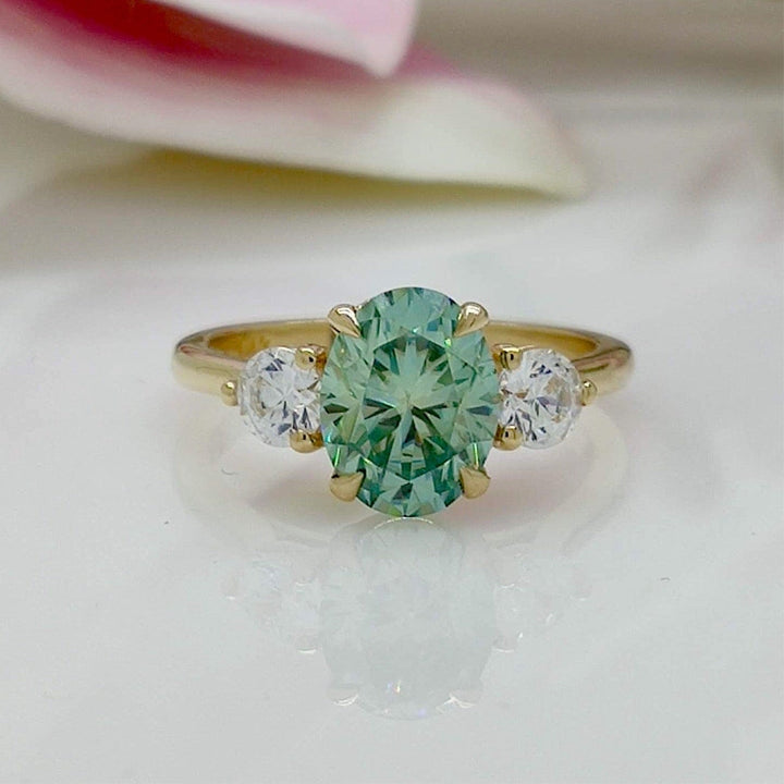 AGI Design Lucy Oval Aqua Teal  Moissanite with Round Lab Diamonds Engagement Ring