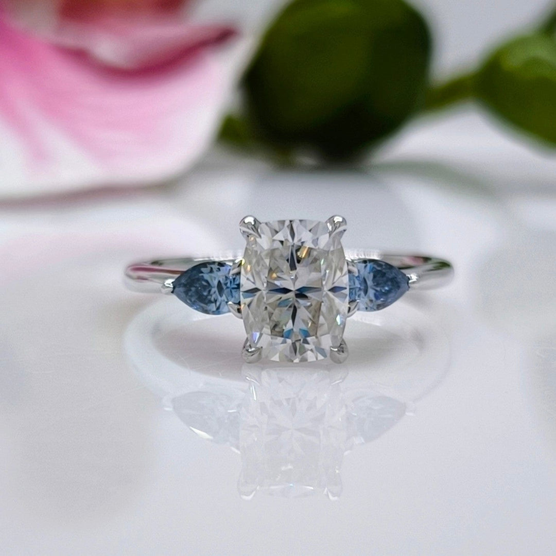 AGI Design Ready to Ship  1.5ct Cushion Cut And Blue Pear Shape Moissanite Engagement Ring in 14K White Gold