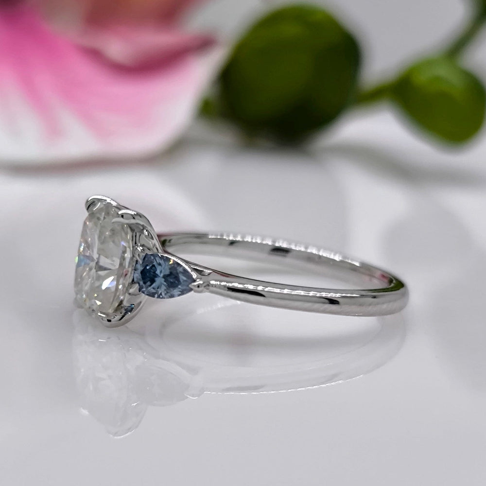 AGI Design Ready to Ship  1.5ct Cushion Cut And Blue Pear Shape Moissanite Engagement Ring in 14K White Gold