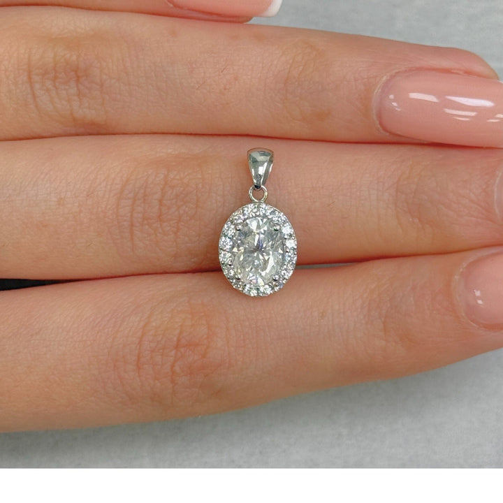 AGI Design Ready to Ship  1.5ct Oval Moissanite & Diamond Pendant in White Gold