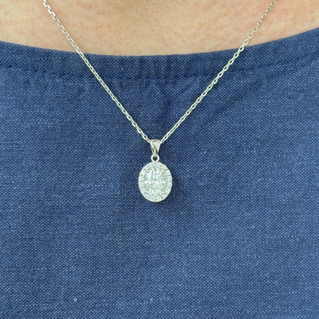 AGI Design Ready to Ship  1.5ct Oval Moissanite & Diamond Pendant in White Gold