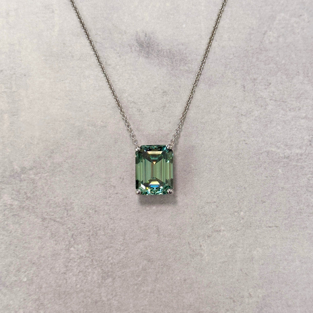 AGI Design Ready to Ship  12x9mm Aqua-Teal Emerald Moissanite Pendant in 14k White Gold