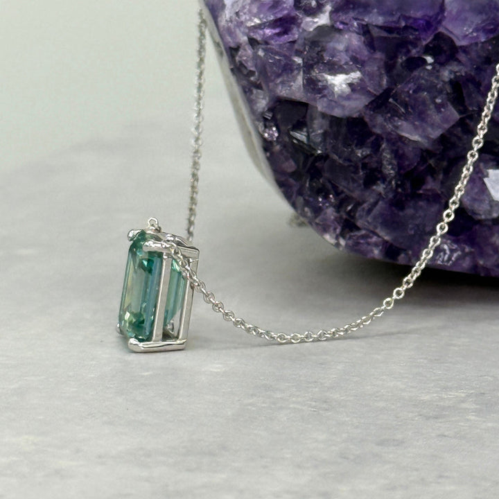 AGI Design Ready to Ship  12x9mm Aqua-Teal Emerald Moissanite Pendant in 14k White Gold