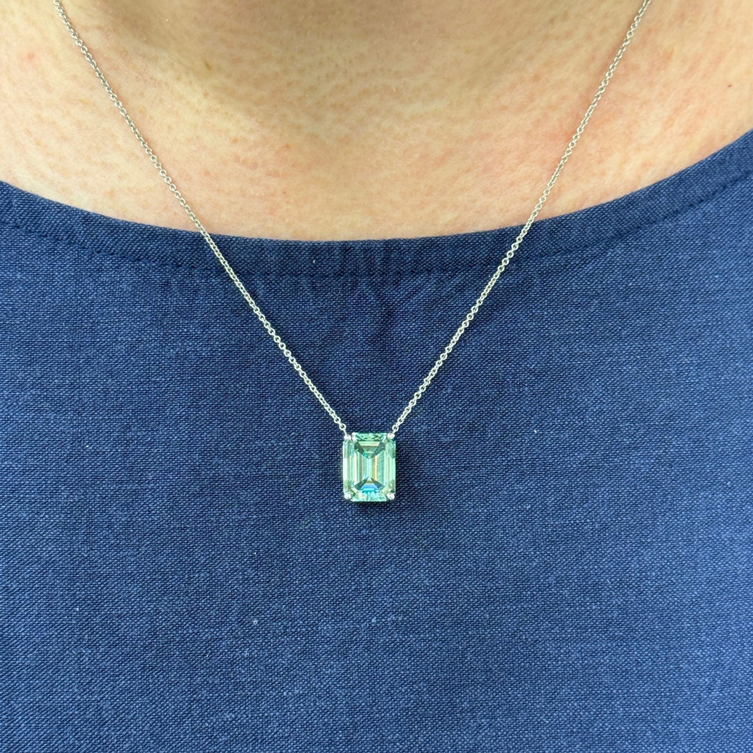 AGI Design Ready to Ship  12x9mm Aqua-Teal Emerald Moissanite Pendant in 14k White Gold