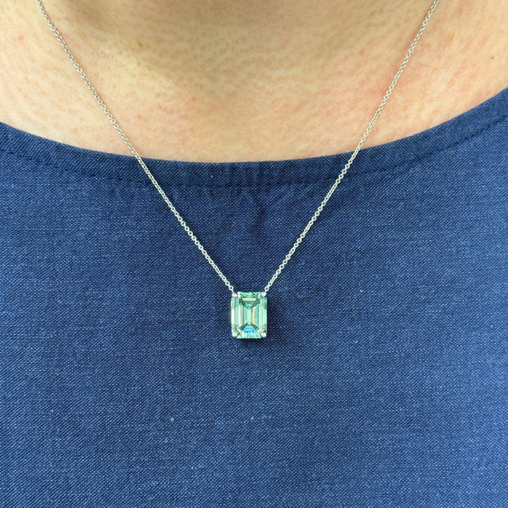 AGI Design Ready to Ship  12x9mm Aqua-Teal Emerald Moissanite Pendant in 14k White Gold