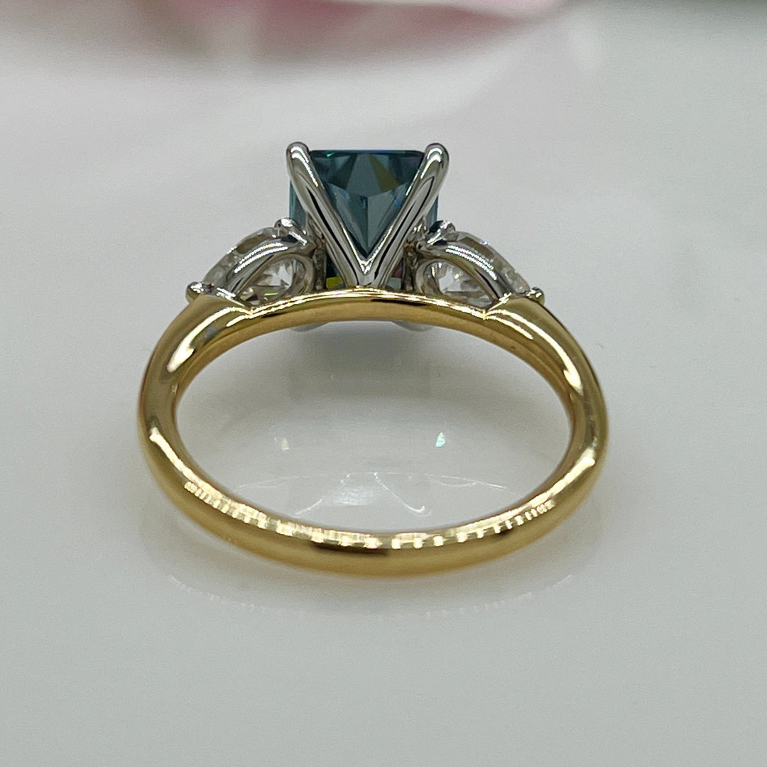 AGI Design Ready to Ship  2.7ct Blue-Grey Radiant And Pear Shape Moissanite Engagement Ring in 14K Two Tone Gold