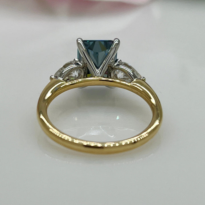 AGI Design Ready to Ship  2.7ct Blue-Grey Radiant And Pear Shape Moissanite Engagement Ring in 14K Two Tone Gold