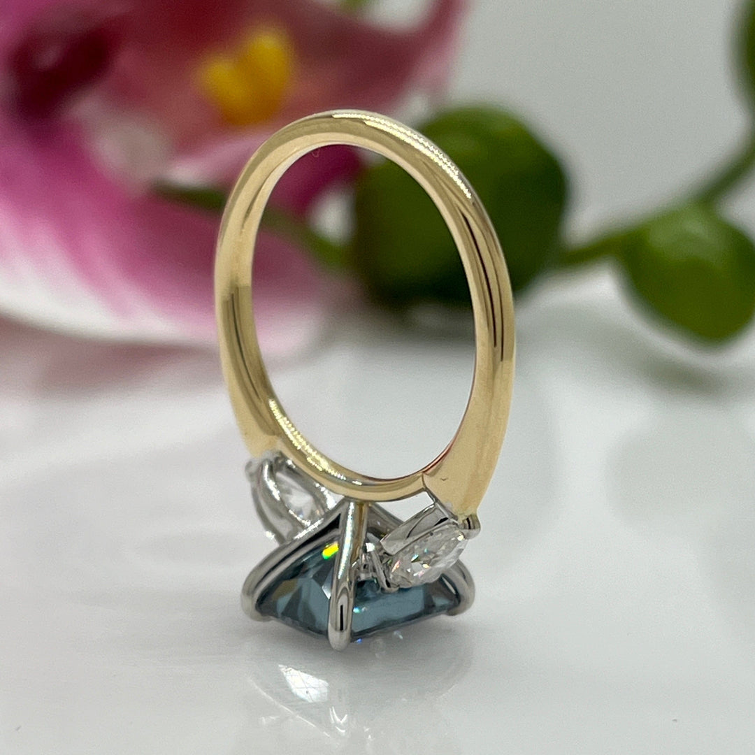 AGI Design Ready to Ship  2.7ct Blue-Grey Radiant And Pear Shape Moissanite Engagement Ring in 14K Two Tone Gold