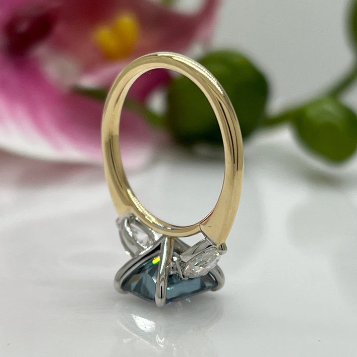 AGI Design Ready to Ship  2.7ct Blue-Grey Radiant And Pear Shape Moissanite Engagement Ring in 14K Two Tone Gold