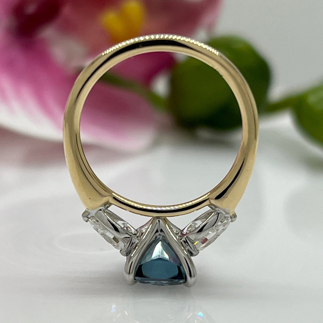 AGI Design Ready to Ship  2.7ct Blue-Grey Radiant And Pear Shape Moissanite Engagement Ring in 14K Two Tone Gold