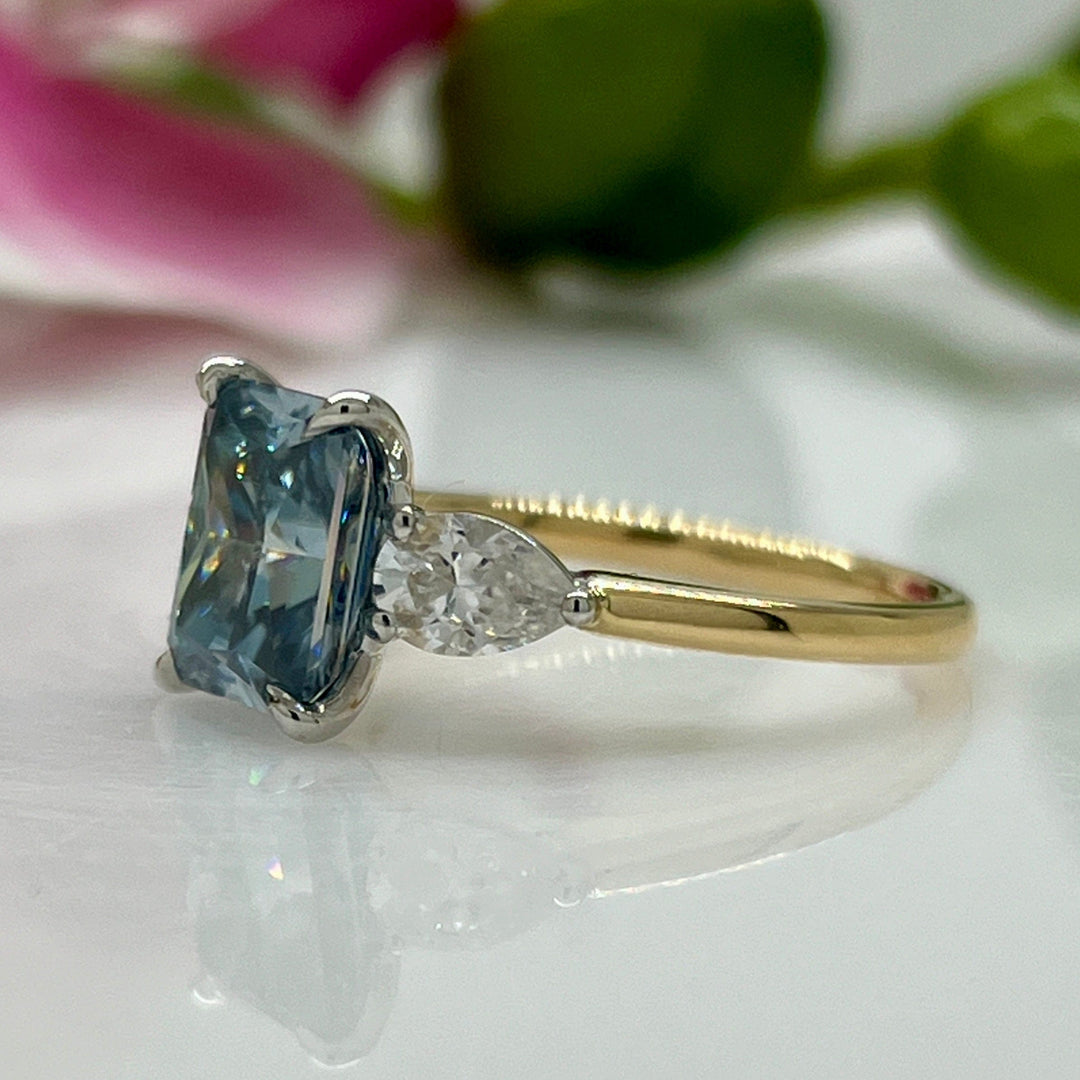 AGI Design Ready to Ship  2.7ct Blue-Grey Radiant And Pear Shape Moissanite Engagement Ring in 14K Two Tone Gold