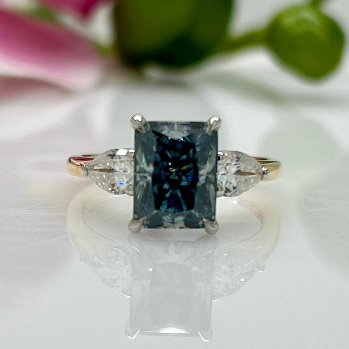 AGI Design Ready to Ship  2.7ct Blue-Grey Radiant And Pear Shape Moissanite Engagement Ring in 14K Two Tone Gold