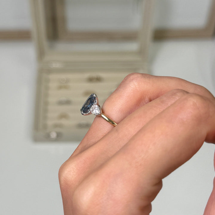 AGI Design Ready to Ship  2.7ct Blue-Grey Radiant And Pear Shape Moissanite Engagement Ring in 14K Two Tone Gold