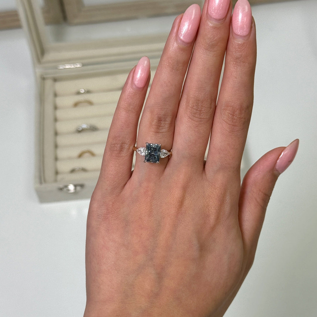 AGI Design Ready to Ship  2.7ct Blue-Grey Radiant And Pear Shape Moissanite Engagement Ring in 14K Two Tone Gold