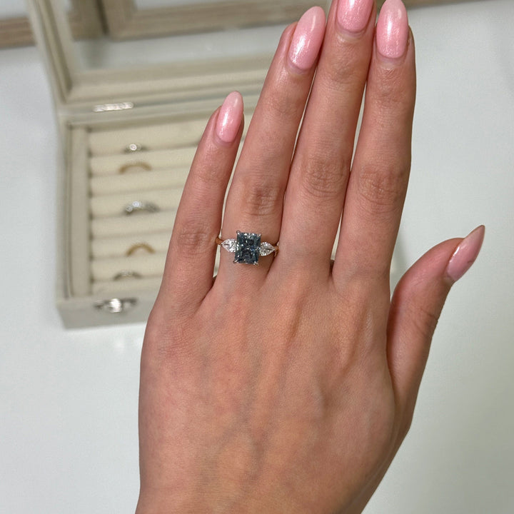 AGI Design Ready to Ship  2.7ct Blue-Grey Radiant And Pear Shape Moissanite Engagement Ring in 14K Two Tone Gold