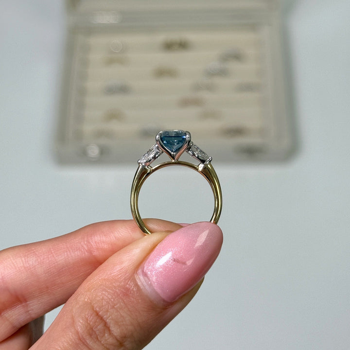 AGI Design Ready to Ship  2.7ct Blue-Grey Radiant And Pear Shape Moissanite Engagement Ring in 14K Two Tone Gold