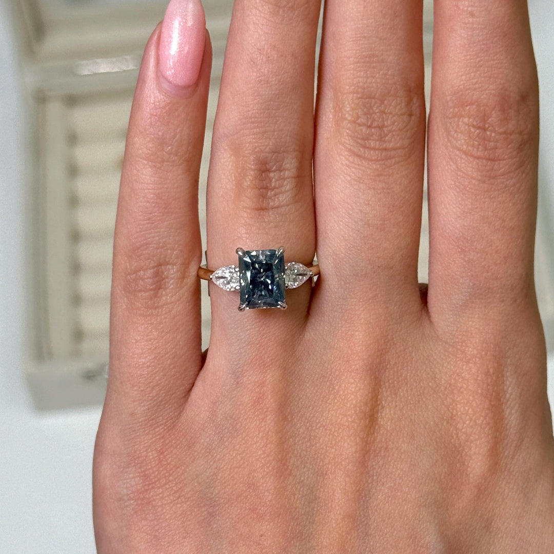 AGI Design Ready to Ship  2.7ct Blue-Grey Radiant And Pear Shape Moissanite Engagement Ring in 14K Two Tone Gold