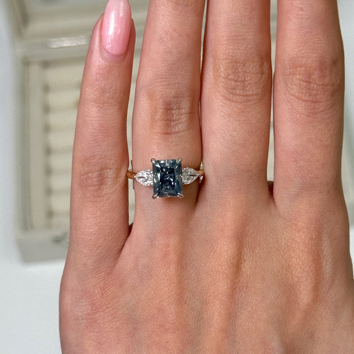 AGI Design Ready to Ship  2.7ct Blue-Grey Radiant And Pear Shape Moissanite Engagement Ring in 14K Two Tone Gold