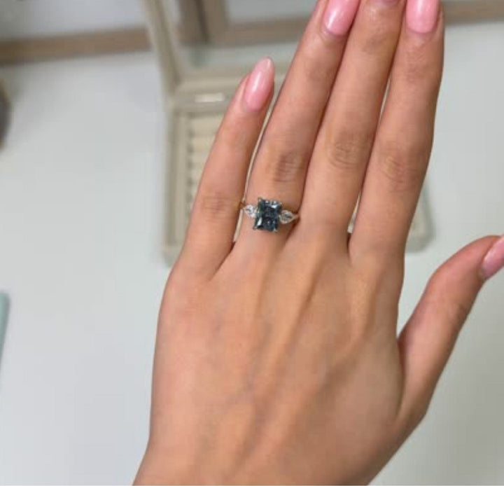 AGI Design Ready to Ship  2.7ct Blue-Grey Radiant And Pear Shape Moissanite Engagement Ring in 14K Two Tone Gold