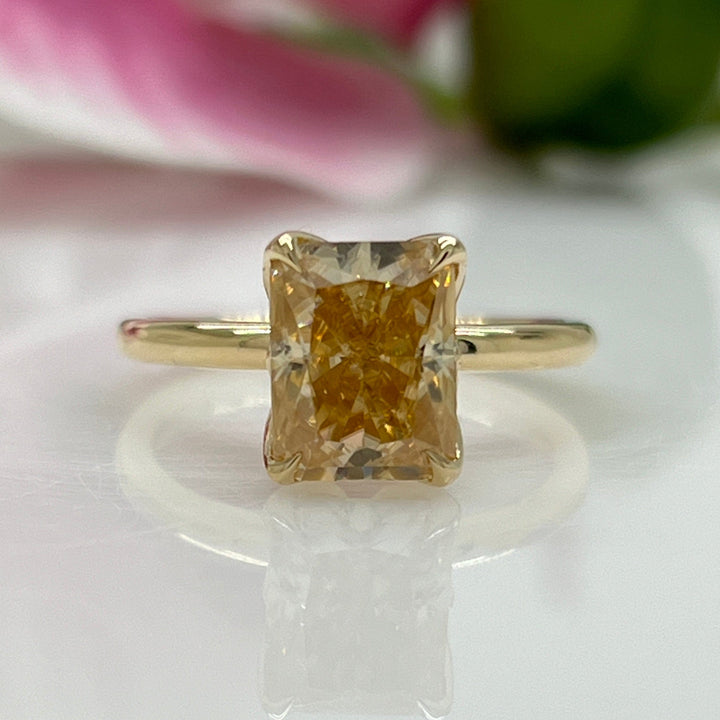 AGI Design Ready to Ship  2.7ct Radiant Cut Champagne Moissanite Tulip Engagement Ring in 14K Yellow Gold
