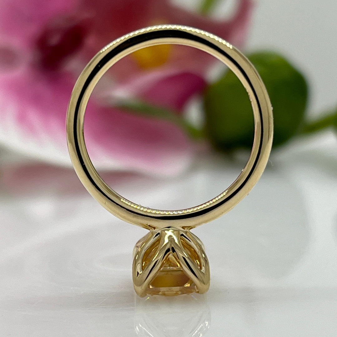 AGI Design Ready to Ship  2.7ct Radiant Cut Champagne Moissanite Tulip Engagement Ring in 14K Yellow Gold