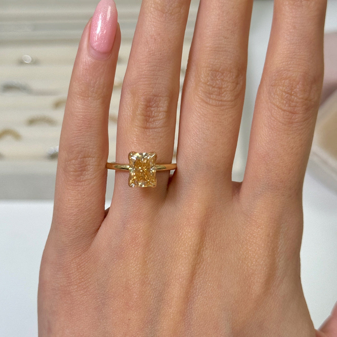 AGI Design Ready to Ship  2.7ct Radiant Cut Champagne Moissanite Tulip Engagement Ring in 14K Yellow Gold