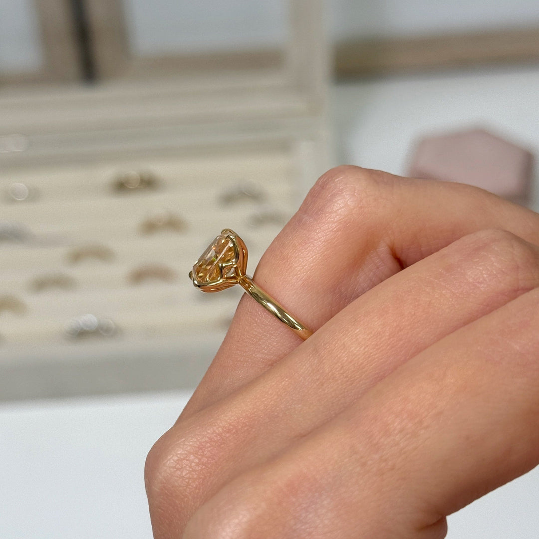 AGI Design Ready to Ship  2.7ct Radiant Cut Champagne Moissanite Tulip Engagement Ring in 14K Yellow Gold