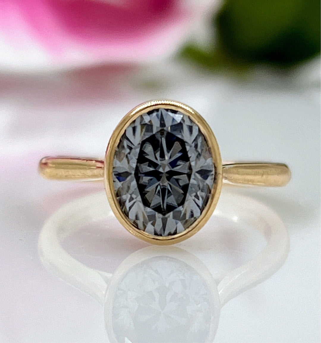 AGI Design Ready to Ship  2ct. Grey Oval Moissanite Bezel Engagement Ring