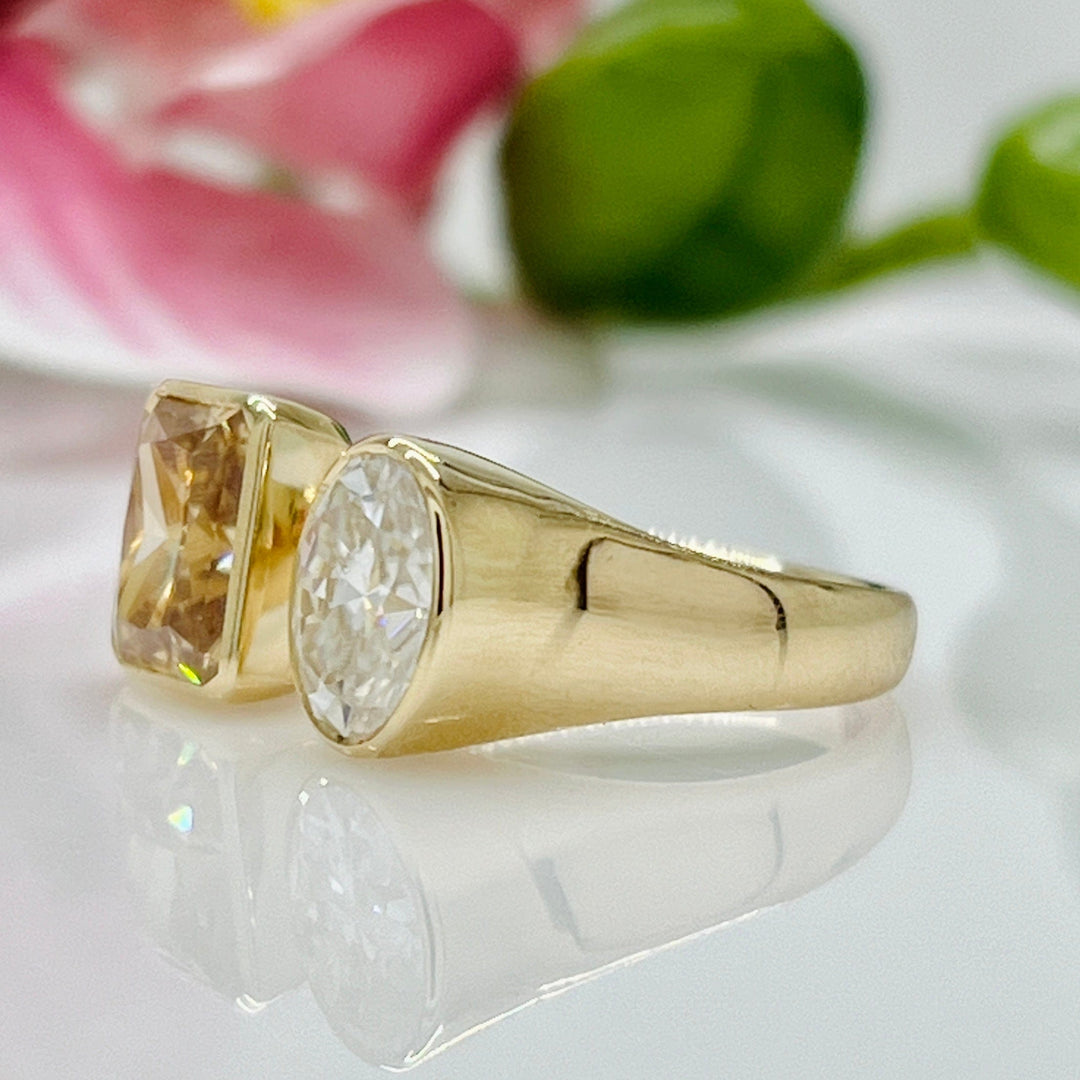 AGI Design Ready to Ship  2ct Oval/2.7ct Radiant Champagne Moissanite Bezel Engagement Ring