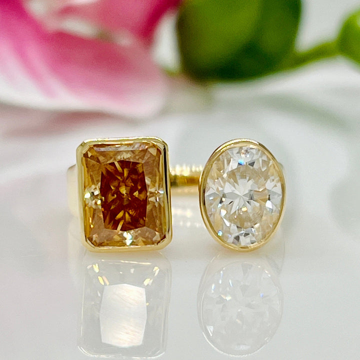 AGI Design Ready to Ship  2ct Oval/2.7ct Radiant Champagne Moissanite Bezel Engagement Ring