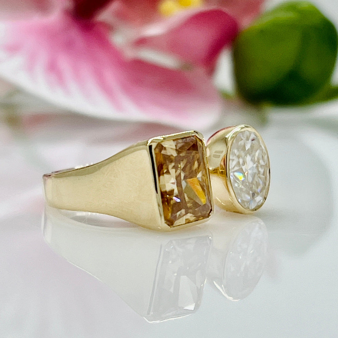 AGI Design Ready to Ship  2ct Oval/2.7ct Radiant Champagne Moissanite Bezel Engagement Ring