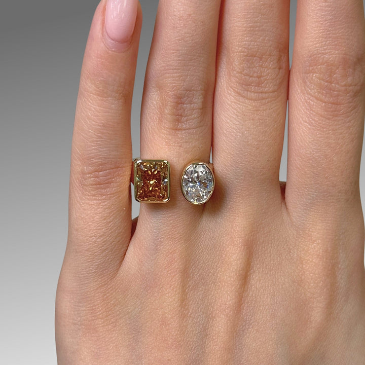 AGI Design Ready to Ship  2ct Oval/2.7ct Radiant Champagne Moissanite Bezel Engagement Ring